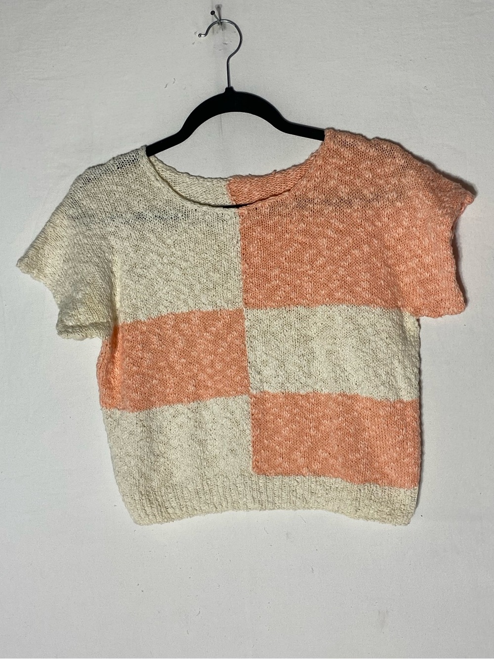 Vintage Knit Peach Cream Colour Block Patchwork Open Weave Top S Grannycore